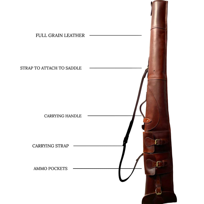 Leather Rifle Scabbard - Full Grain Leather Gun Case Cover Attachment Strap with Carrying Handle, Ammo Pockets, and Versatile Carrying Strap