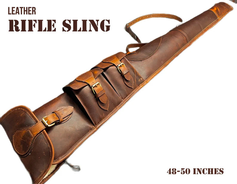 Leather Rifle Scabbard - Full Grain Leather Gun Case Cover Attachment Strap with Carrying Handle, Ammo Pockets, and Versatile Carrying Strap