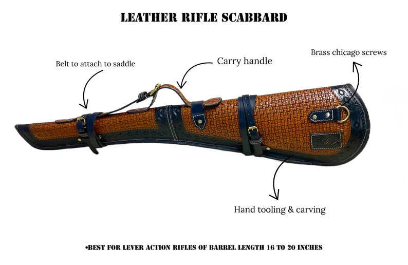 Leather Rifle Scabbard Bag with Adjustable Strap, Handcrafted Tooled Leather Rifle Cover, 16-20 Inch Sheath Lever Action Carved Rifle Case