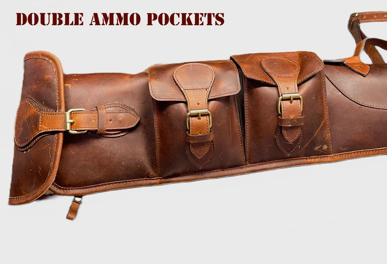 Leather Rifle Scabbard - Full Grain Leather Gun Case Cover Attachment Strap with Carrying Handle, Ammo Pockets, and Versatile Carrying Strap