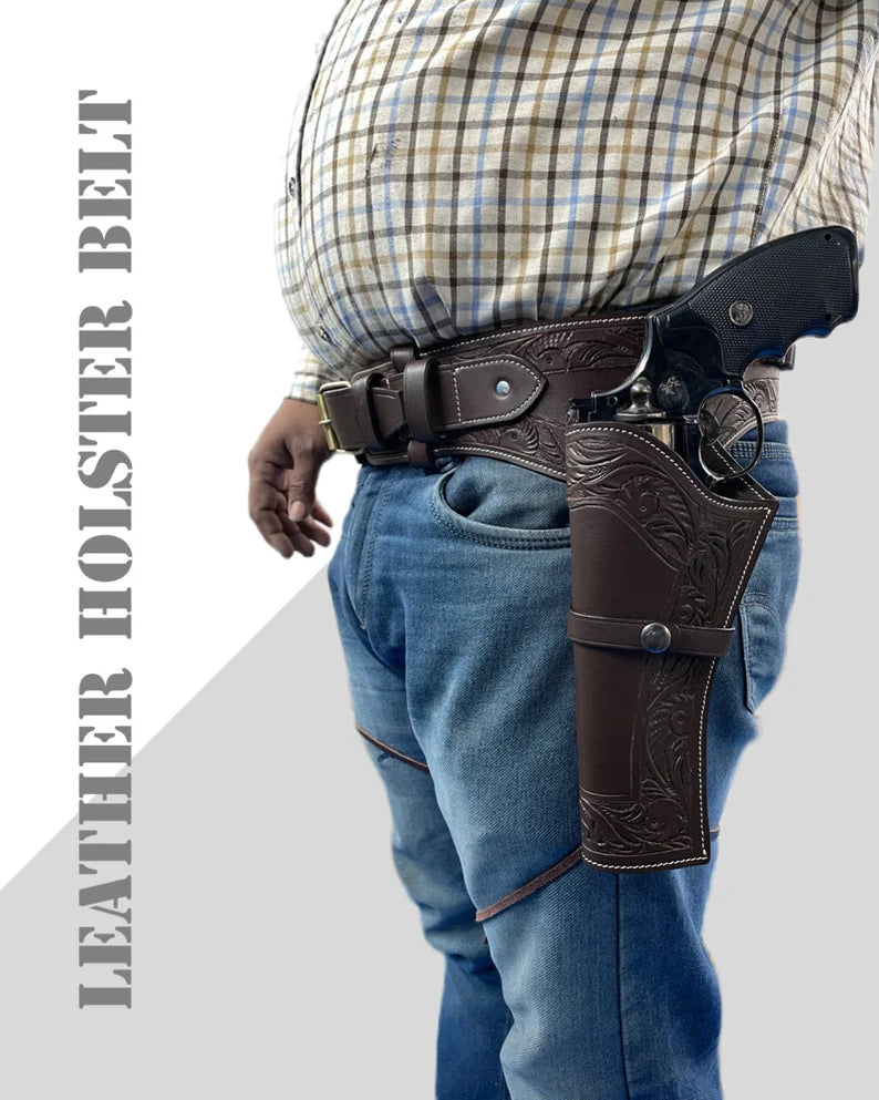 Pistol Waist Case, Brown Western Rig Ammo Belt with Holster Pistol Revolver Holder Cowboy, Cartridge Belt With Holster Ammo Loops Gun Holder